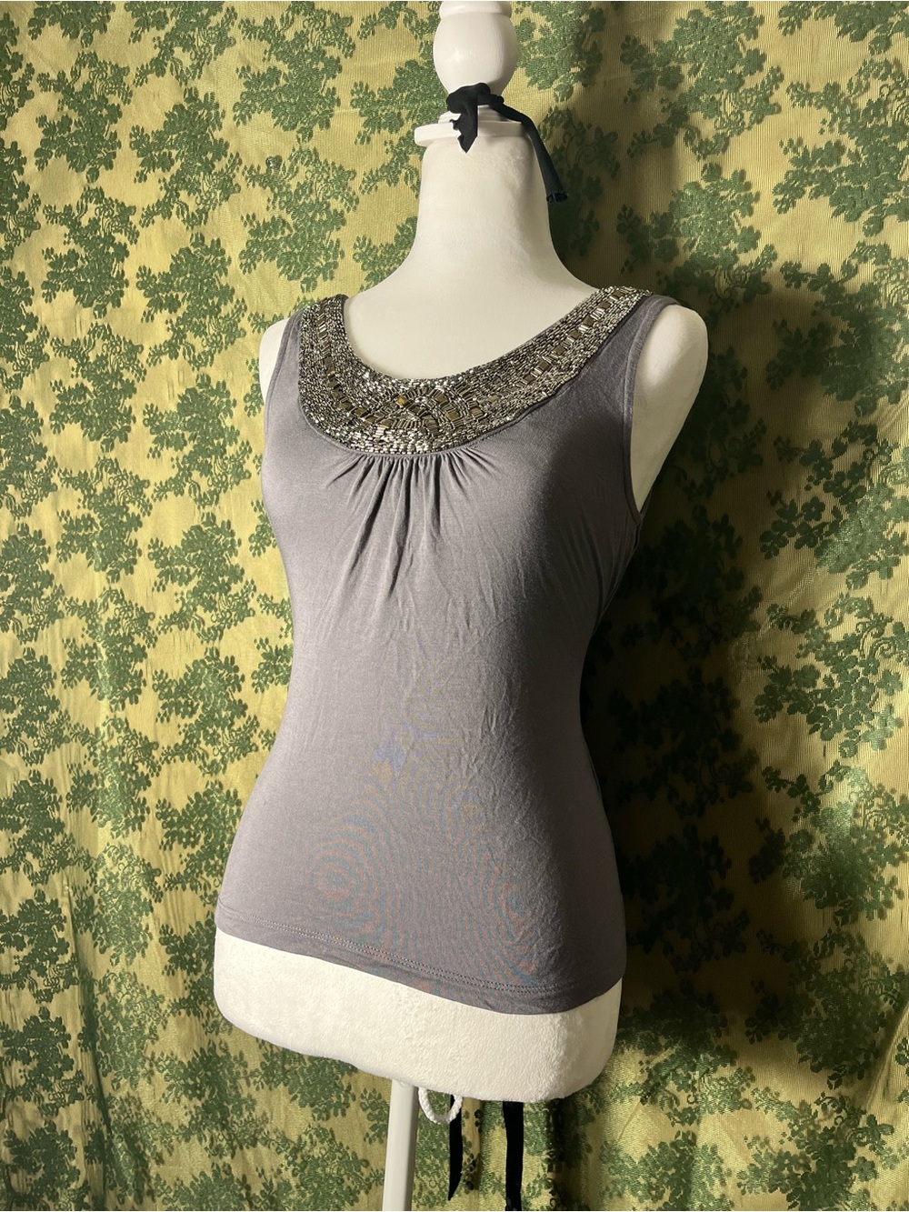 Romy Gray Sleeveless Camisole with Beaded Scoop Neck